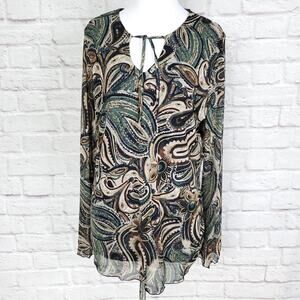 Chico's Sz 3 Top Nylon Paisley Print Tie Neck Wide Sleeve Ends Chicos XL 16